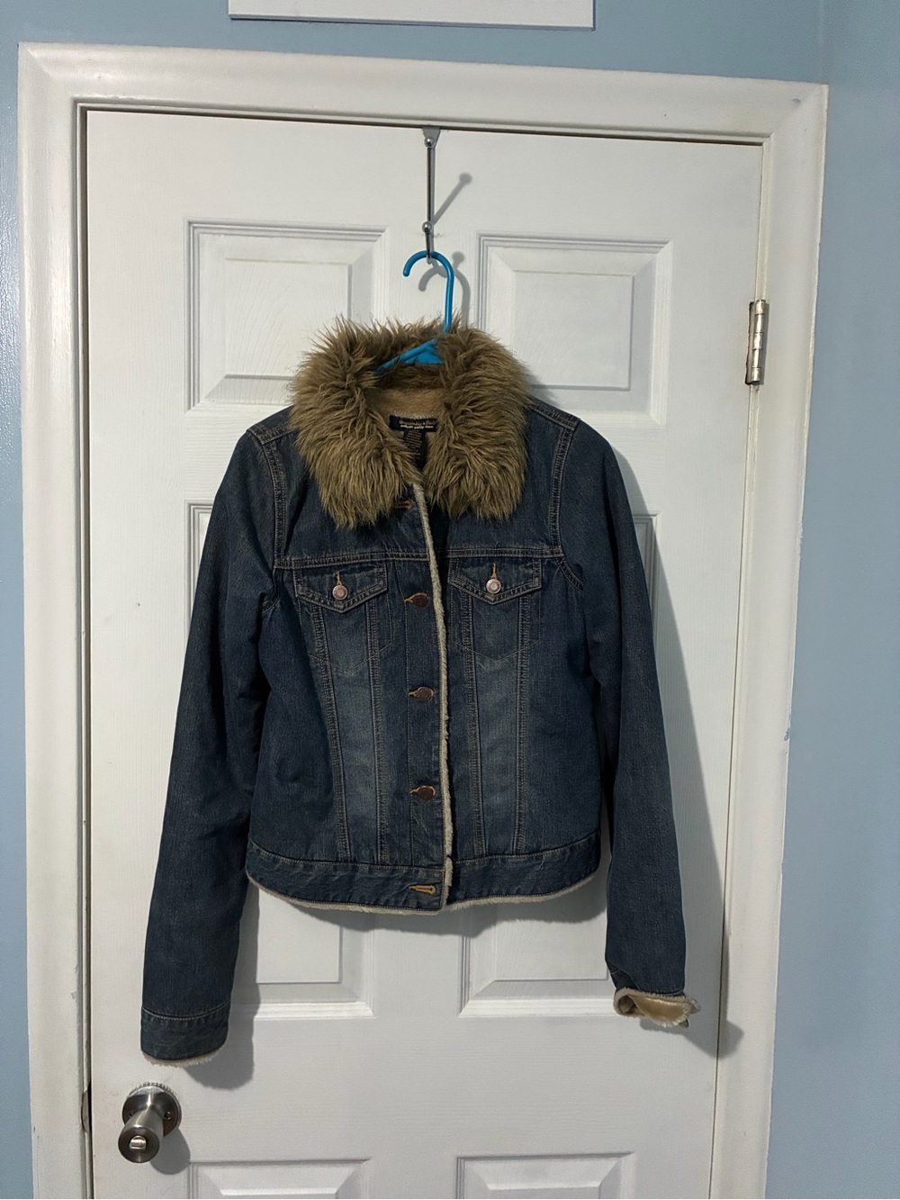 Abercrombie & Fitch Blue Denim Jacket with Tan Faux Fur Collar